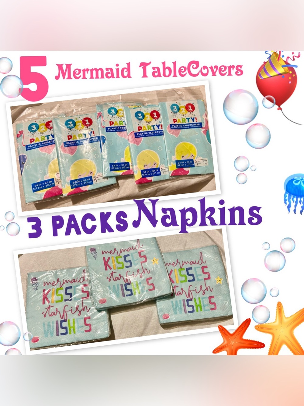 Mermaid Kisses & Starfish Wishes Party Tablecovers and Napkins - Light Teal